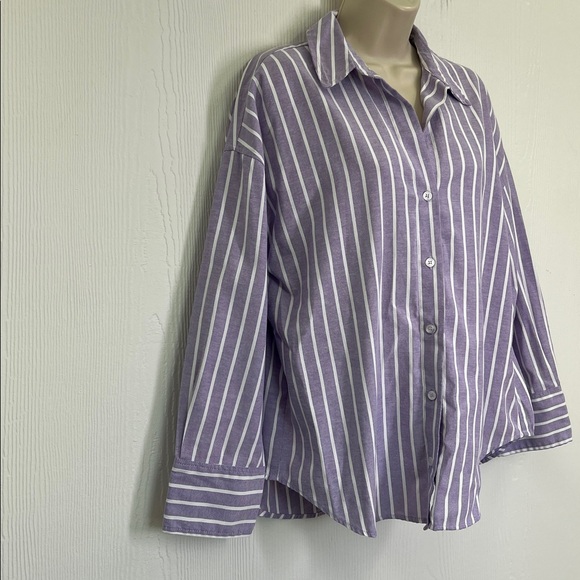 Zara - Purple Striped Collared Button Down Long Sleeve Blouse Size Small - Picture 3 of 9